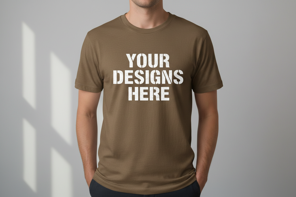 brown t shirt that say your designs here and a person wearing it and it doesn't show its face