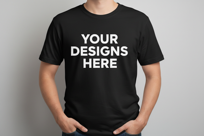 a black t shirt that says your designs here and the words are white and a person wearing it