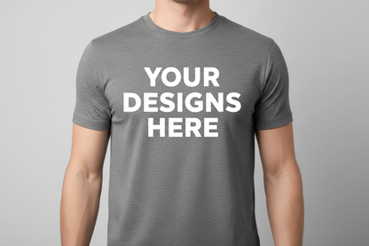 a gray t shirt that says your designs here and human wearing it no head and skin tone white and the words are white