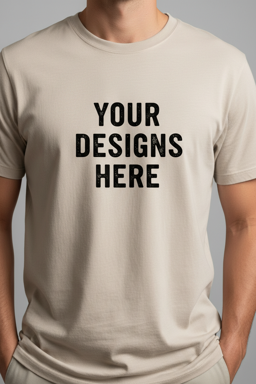 beige t shirt that say your designs here and a person wearing it and it doesnt show its face