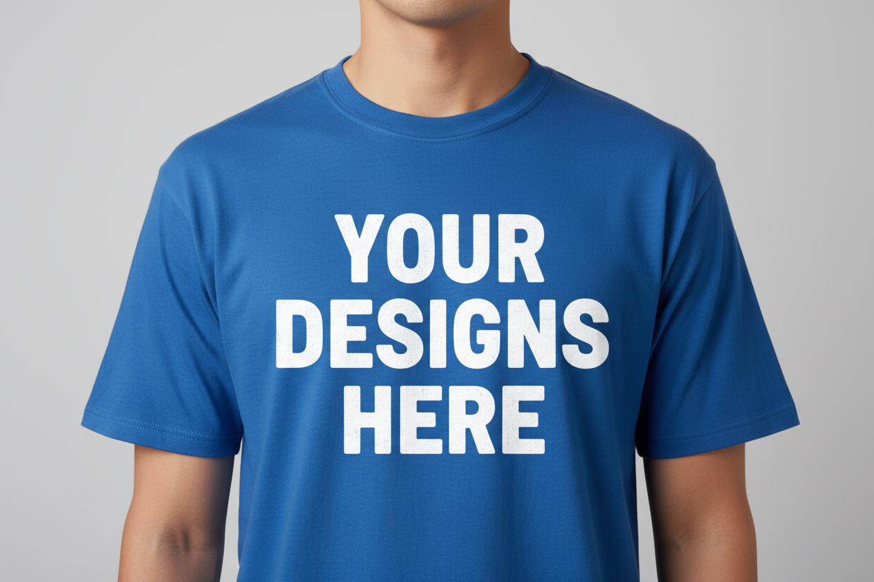 blue t shirt says your designs here and the works are white and the person wearing it with out an head