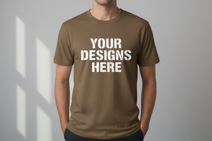 brown t shirt that say your designs here and a person wearing it and it doesn't show its face