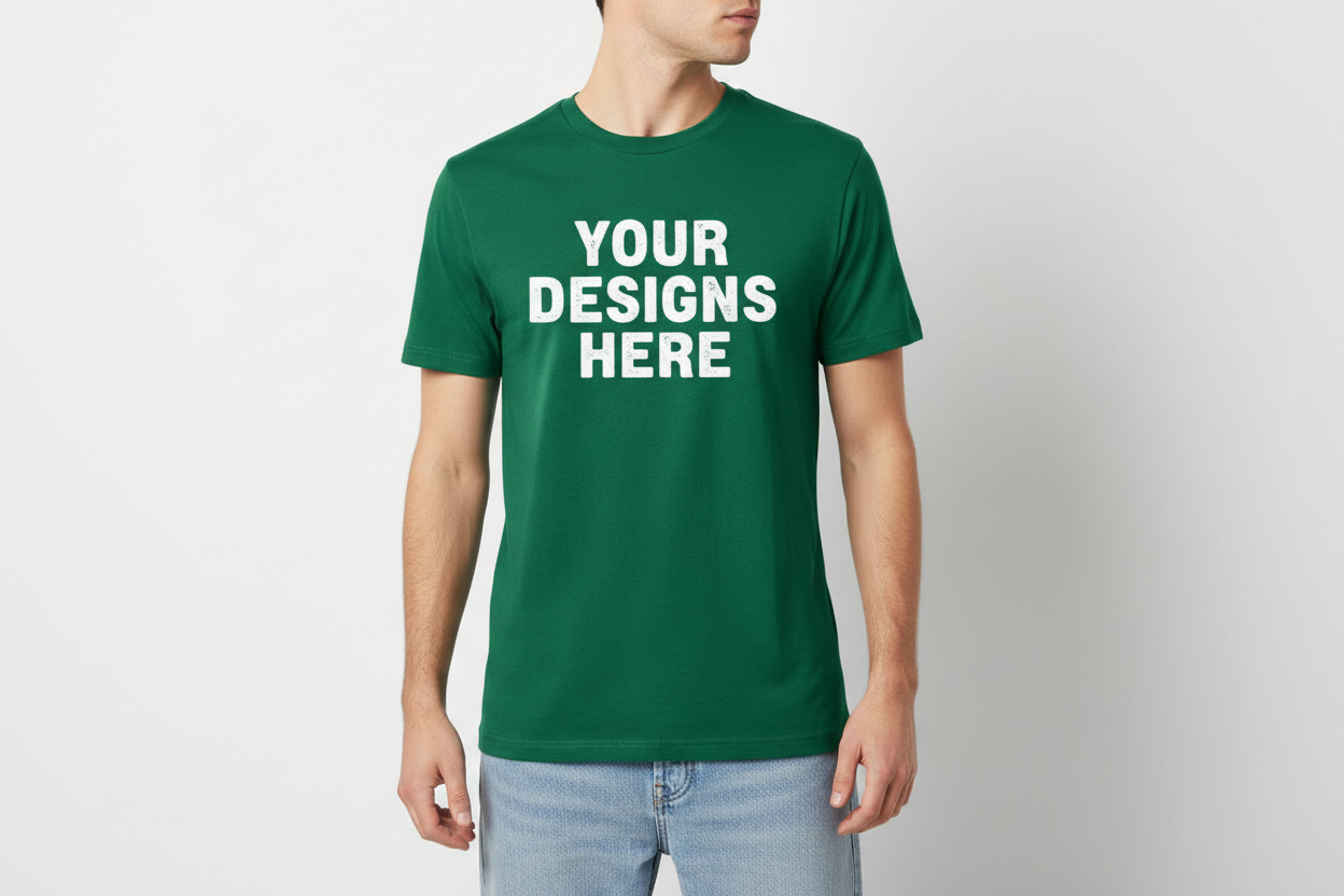 green t shirt that say your designs here and a person wearing it and it doesnt show its face