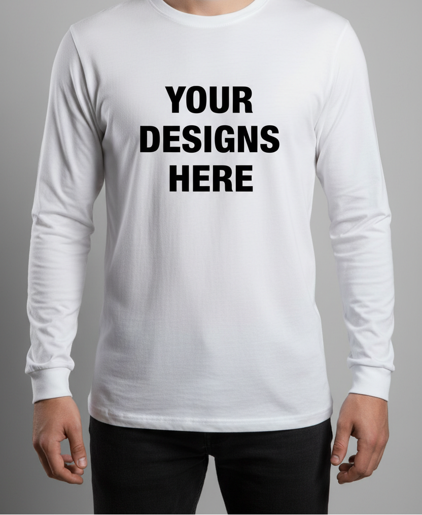 long sleeve white t shirts with an person doesnt not show its face and the long sleeve white shirts says your designs here