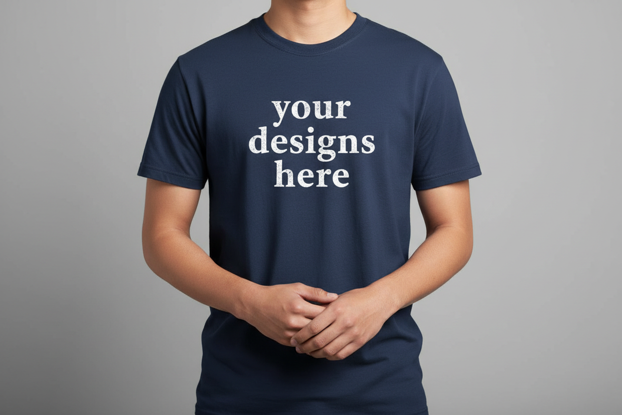 navy t shirt that say your designs here and a person wearing it and it doesnt show its face