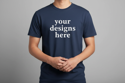 navy t shirt that say your designs here and a person wearing it and it doesnt show its face