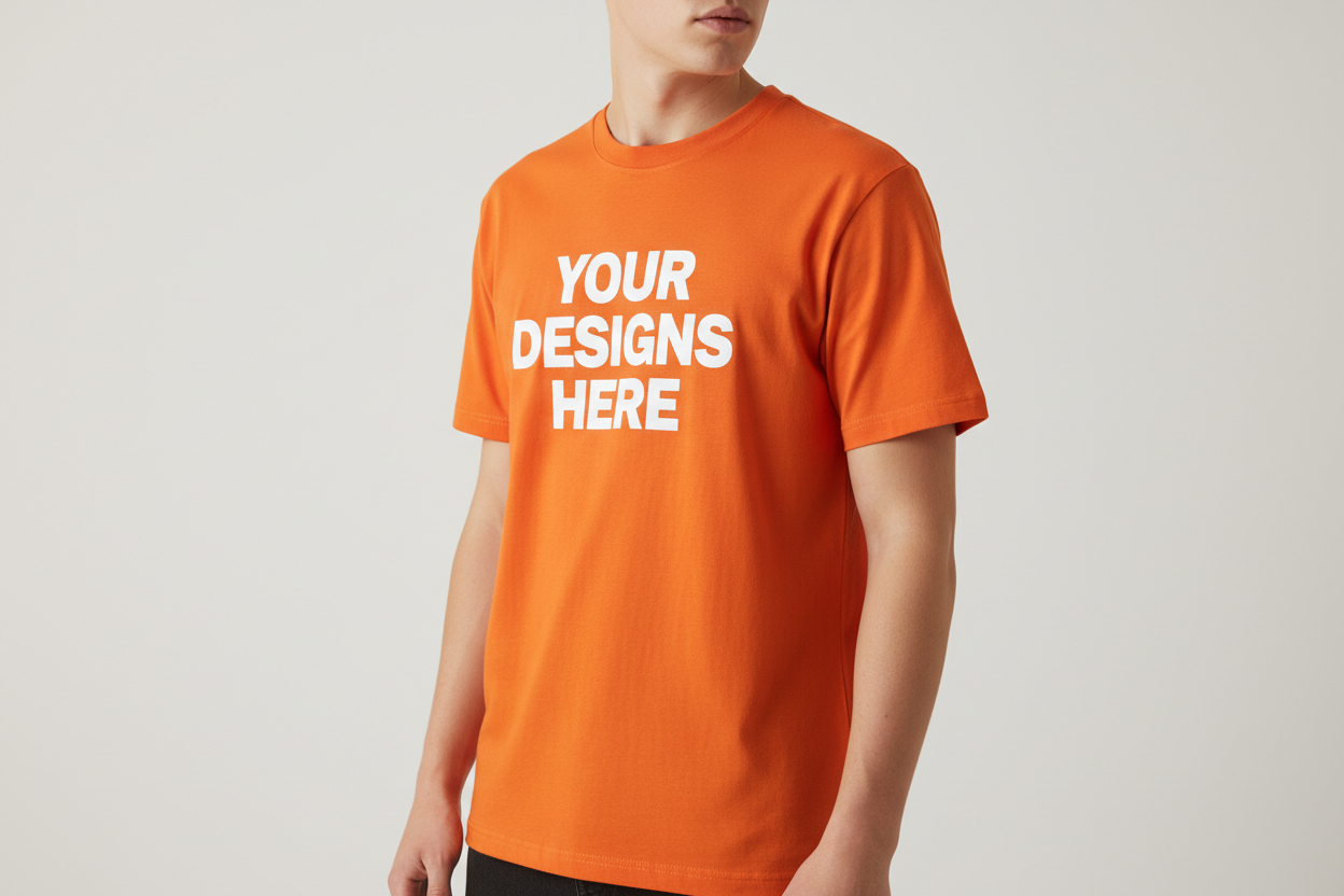 orange t shirt that say your designs here and a person wearing it and it doesnt show its face