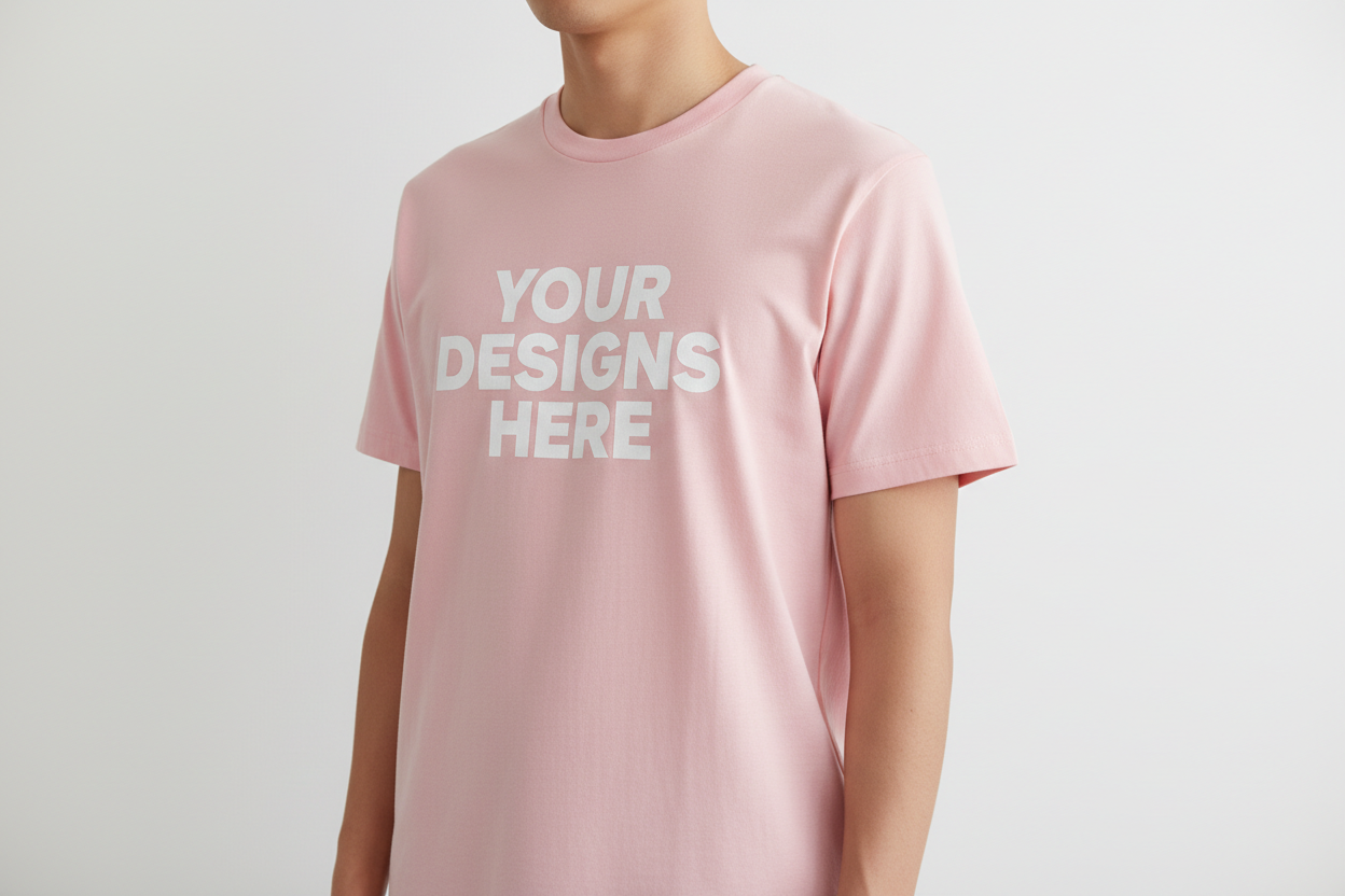 pink t shirt that say your designs here and a person wearing it and it doesnt show its face