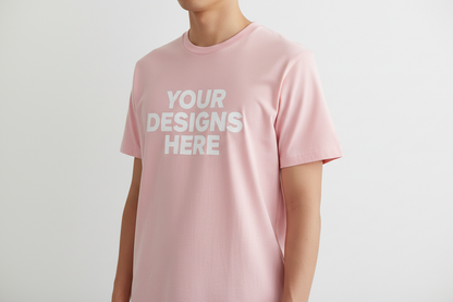 pink t shirt that say your designs here and a person wearing it and it doesnt show its face