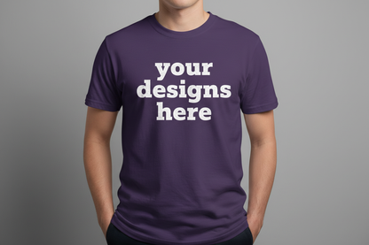purple t shirt that say your designs here and a person wearing it and it doesn't show its face