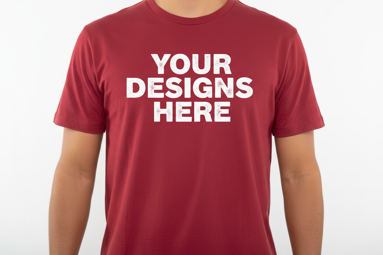 red t shirt that say your designs here and a person wearing it and it doesn't show its face