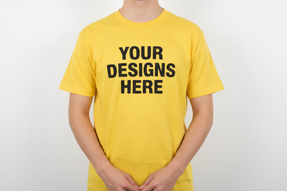 yellow t shirt that say your designs here and a person wearing it and it doesn't show its face